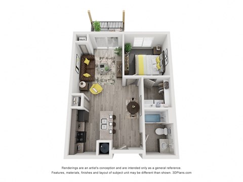 Floor plan for 1 bed, 1 bath, 602 sqft